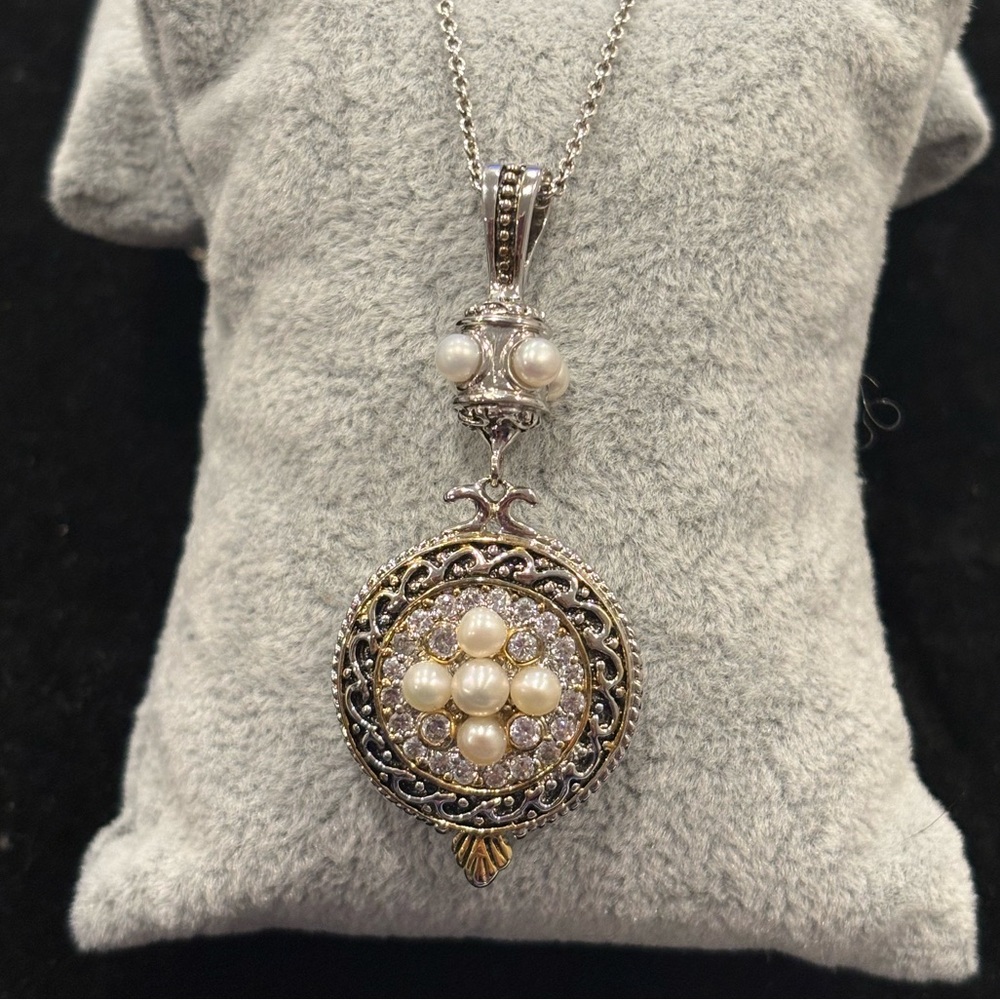 Vintage Inspired Two-Tone Pearl and Crystal Pendant (Pendant Only)